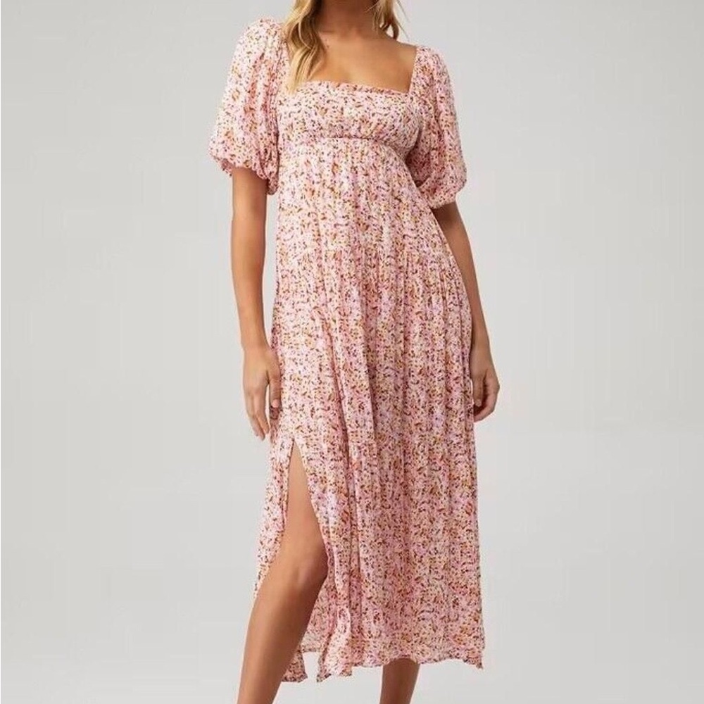 MINKPINK Delphine Floral Prairie Puff Sleeve Tie Back Square Neck Midi Dress - S